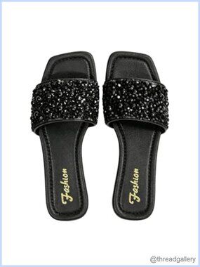 Rhinestone Sparkly Flat Sandals Dressy Glitter Slide Faux Leather